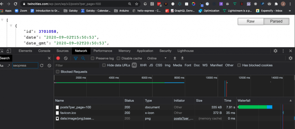 Screenshot showing 100 posts being requested with the WP REST API