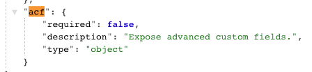 Screenshot of the WP REST API schema showing the acf field