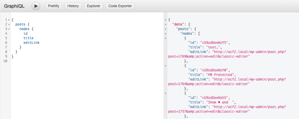 Screenshot of a GraphQL Query for posts with their editLink