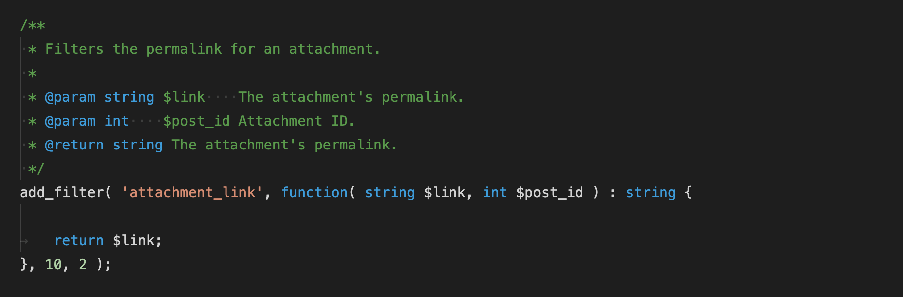 Screenshot of VS Code showing a completed callback closure for the add_filter function