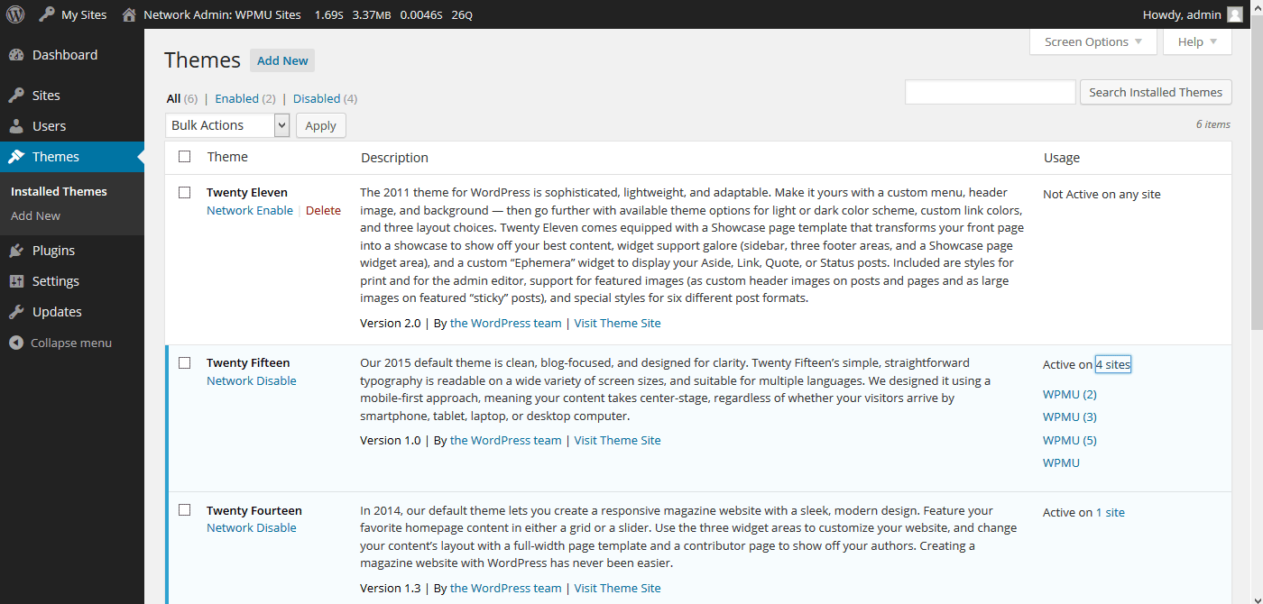 Network Admin view of themes table showing the usage count