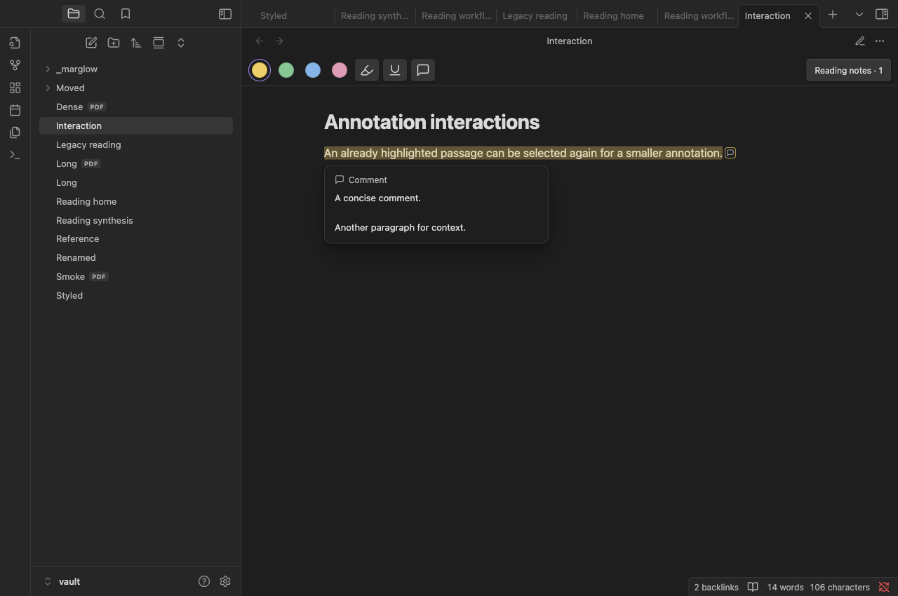 A compact comment preview beneath its highlighted passage and comment indicator