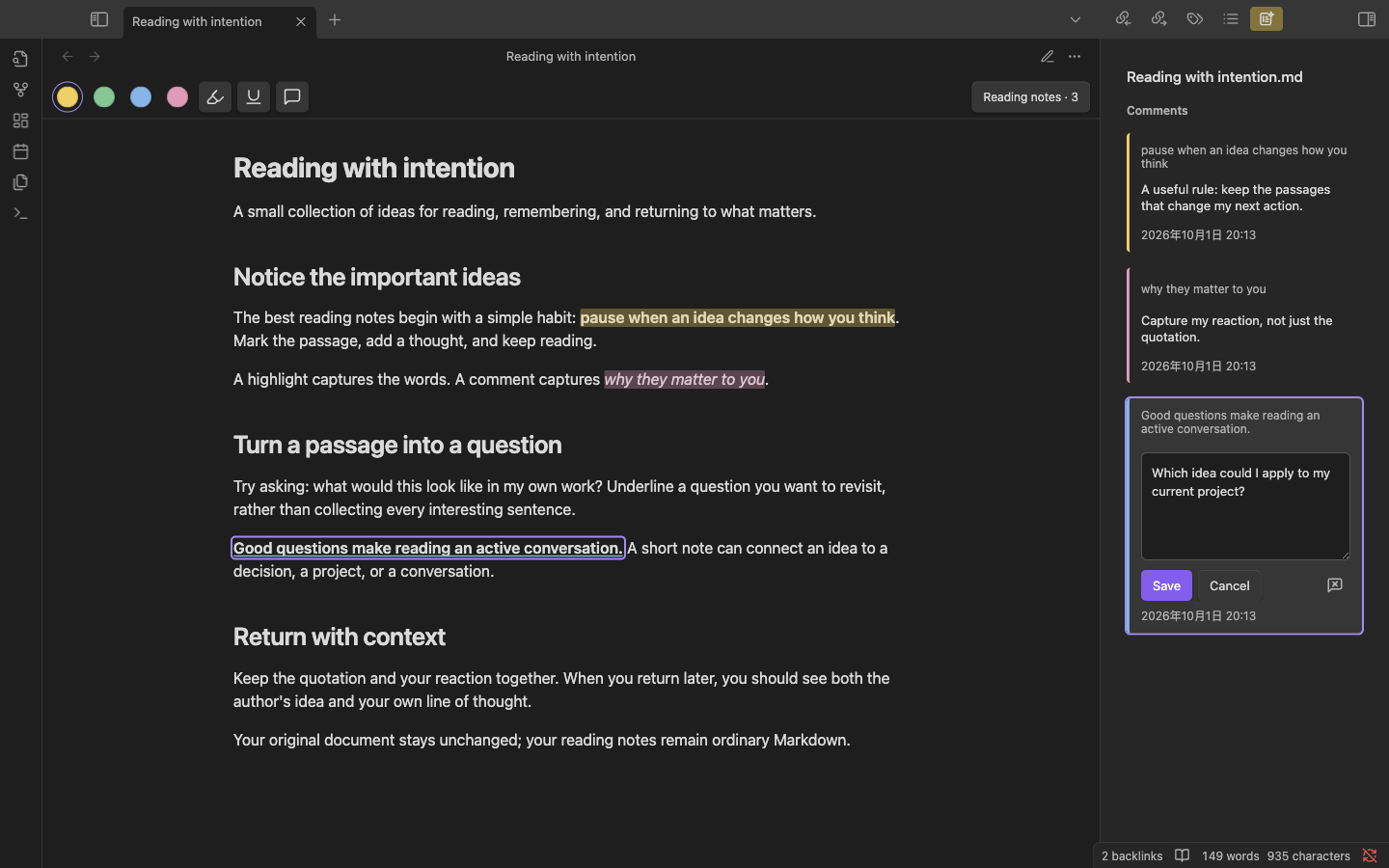 Markdown highlights and an underline with inline sidebar comment editing