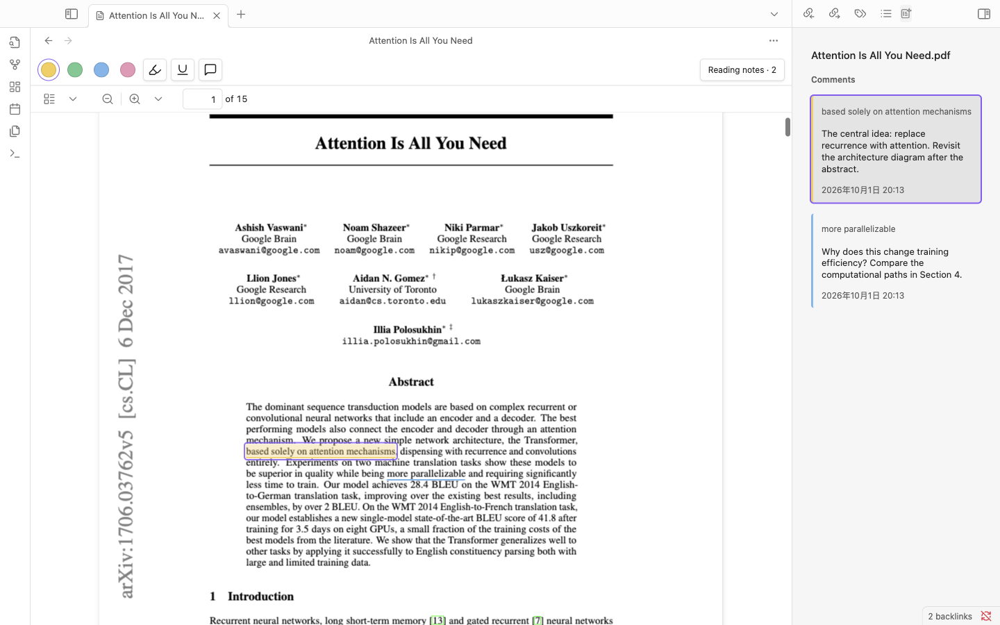 PDF highlights and underlines in Attention Is All You Need, linked to sidebar comments