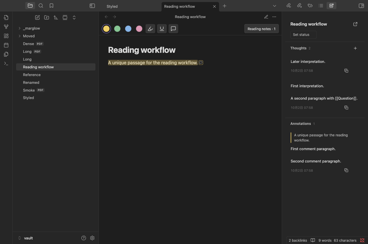 Dated whole-material thoughts and a passage comment in the native reading-note sidebar