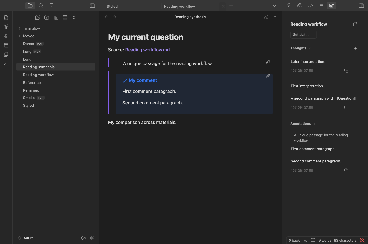 A question note with the source link, quotation embed, and full multi-paragraph comment embed