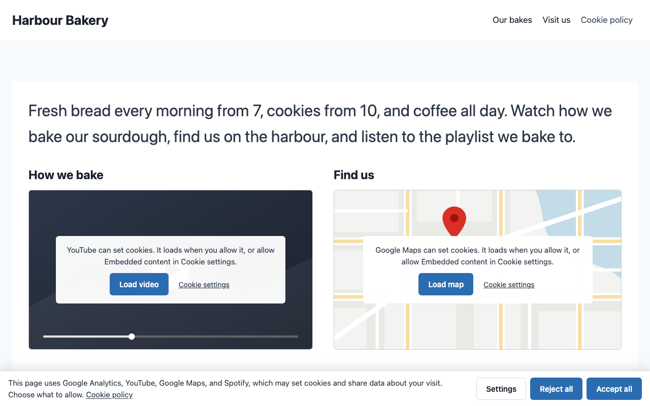 A bakery site's home page with the cookie banner along the bottom and held-back YouTube and Google Maps placeholders