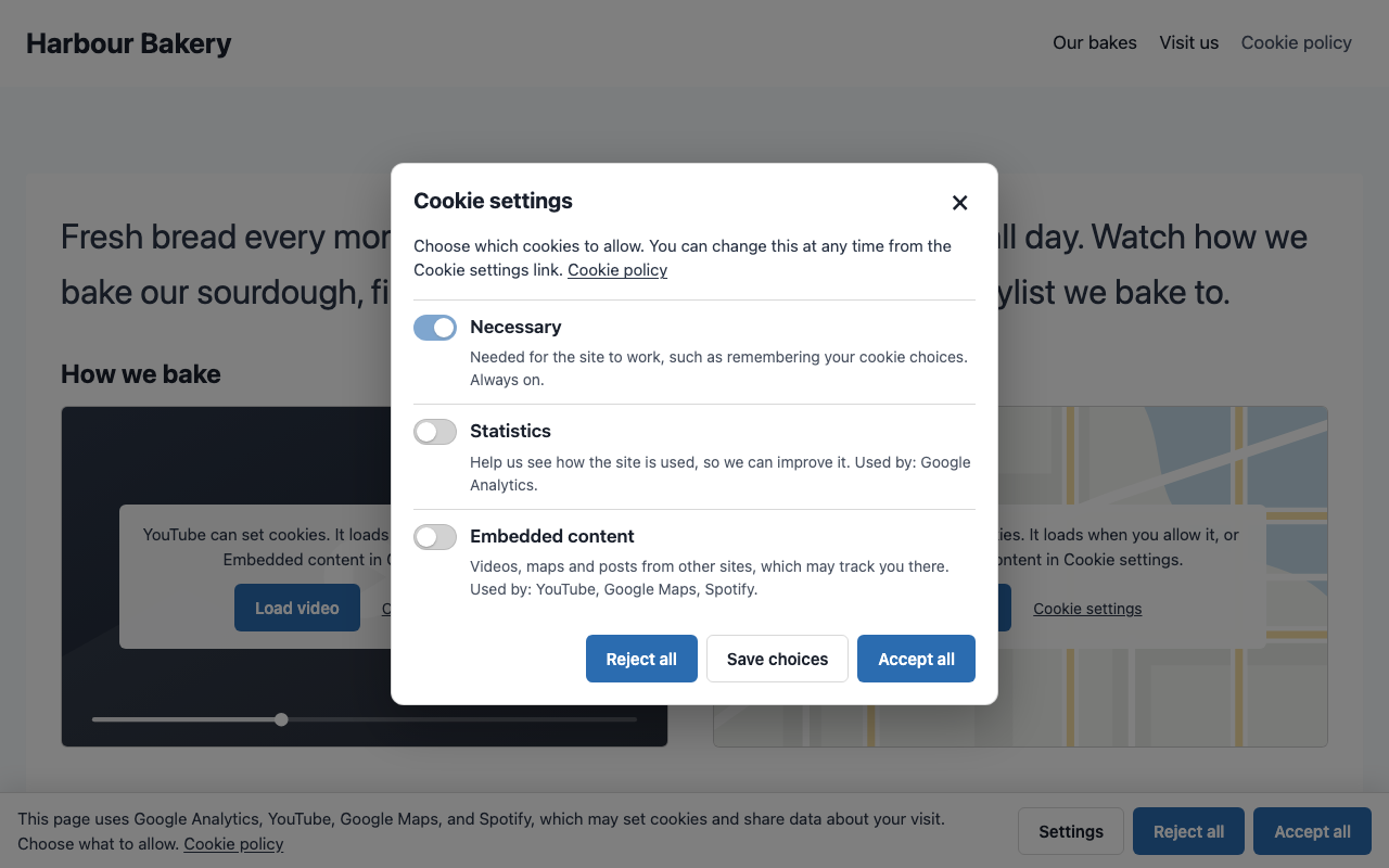 The Cookie settings dialog with Necessary, Statistics and Embedded content switches