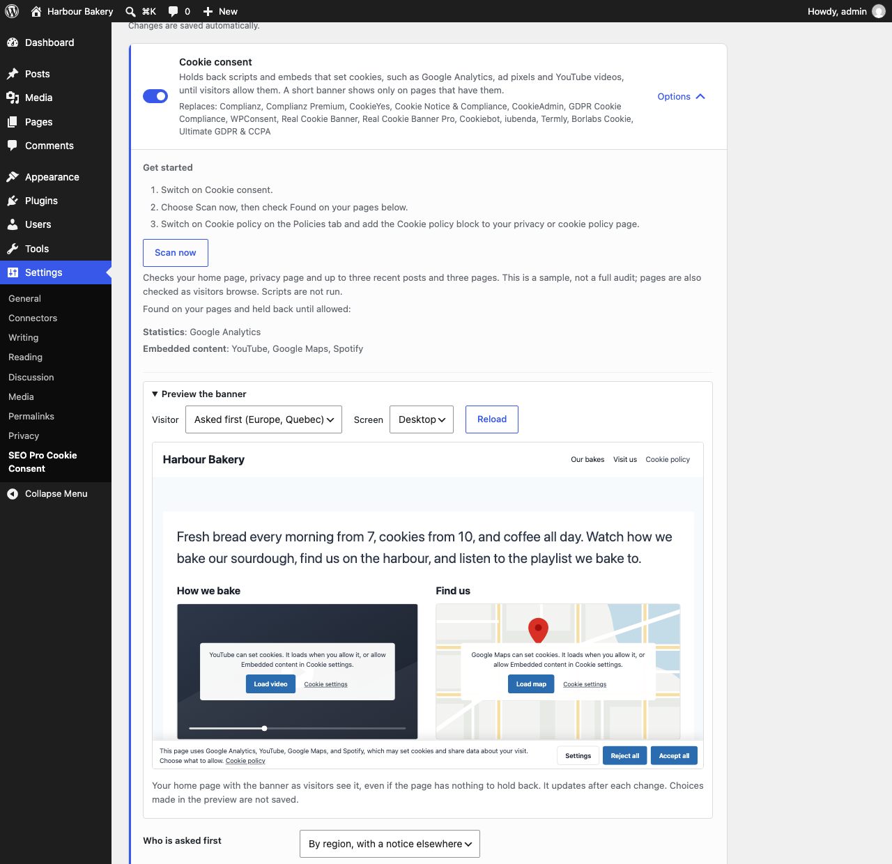 The Consent tab with Cookie consent on, its options open, the banner preview and Found on your pages