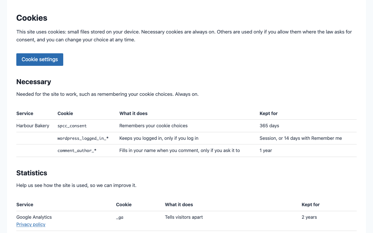 A cookie policy page listing Google Analytics, YouTube, Google Maps and Spotify cookies