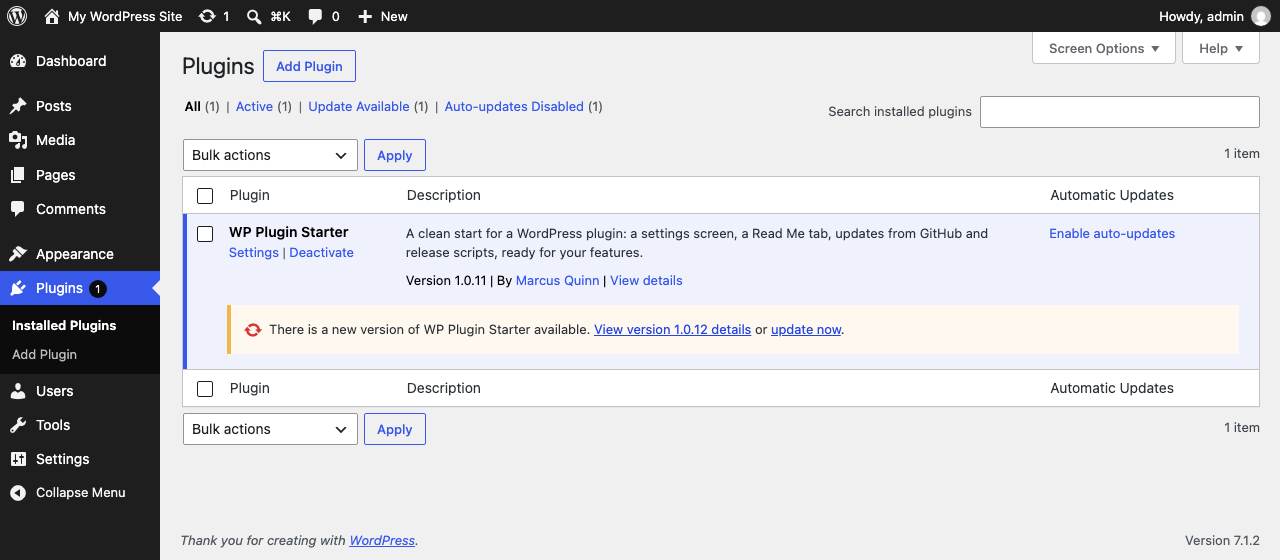 The Plugins screen offering a WP Plugin Starter update from GitHub