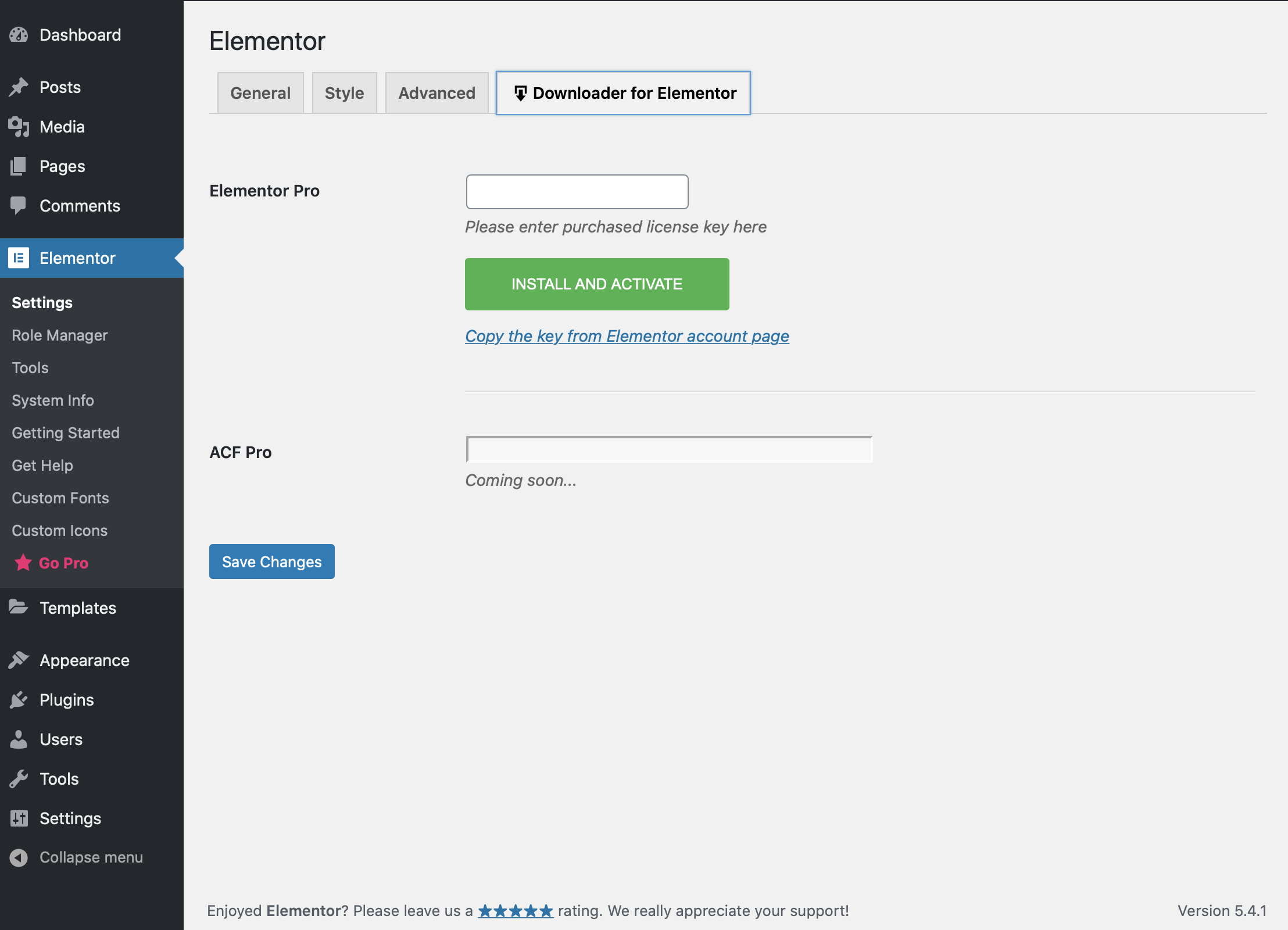 Downloader for Elementor Settings screen