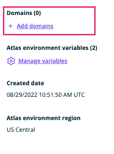An Atlas environment details and the add domains button