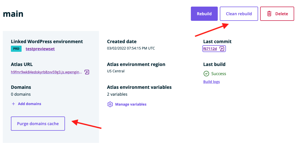 Environment details panel for Atlas app with clean rebuild and domains cache highlighted