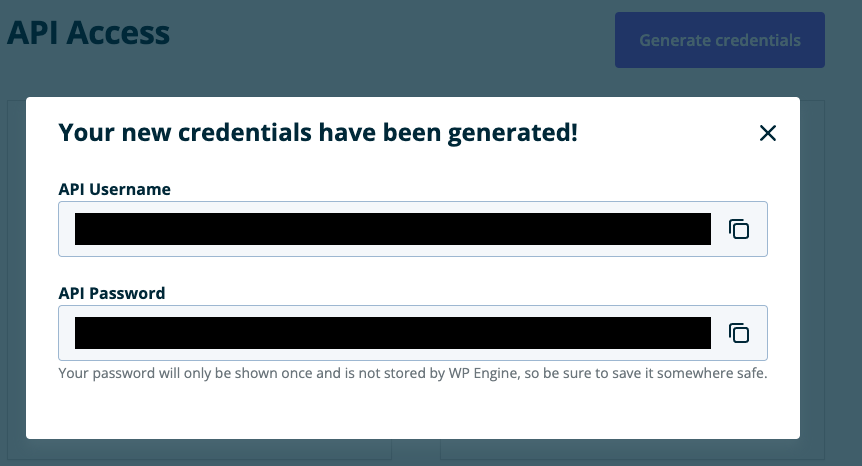 Credentials modal screenshot from portal