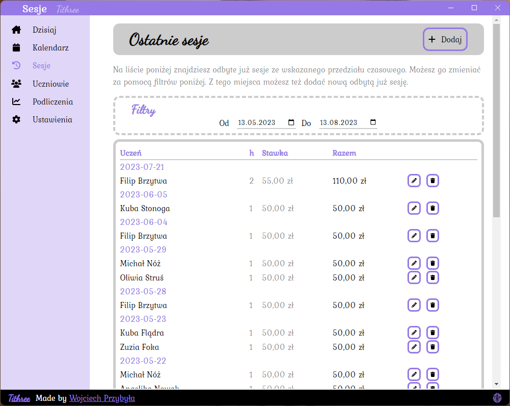 Sessions list and navigation