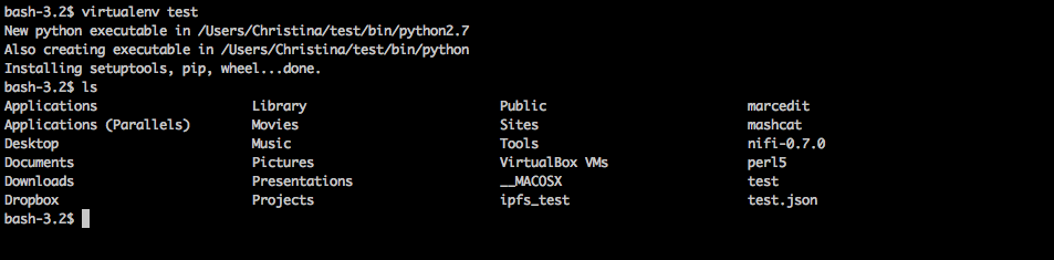 Bash output of test python virtualenv creation