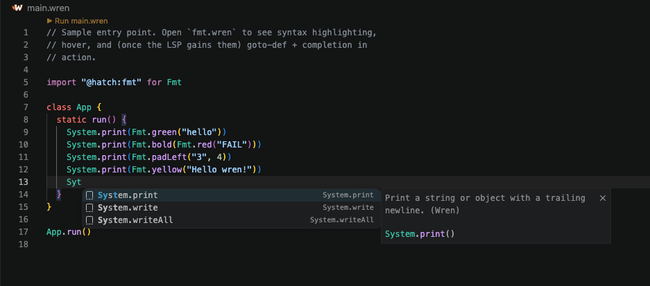 Code completion + hover doc on System.print, with the Run main.wren code lens above the file