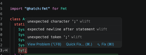 Inline diagnostics popup showing 'unexpected character', 'expected newline after statement', and 'unexpected token' errors