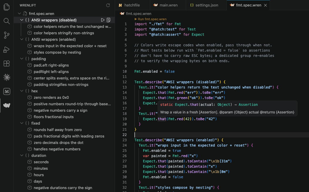 Spec runner sidebar with describe/it tree, per-block codelenses, and inline run actions