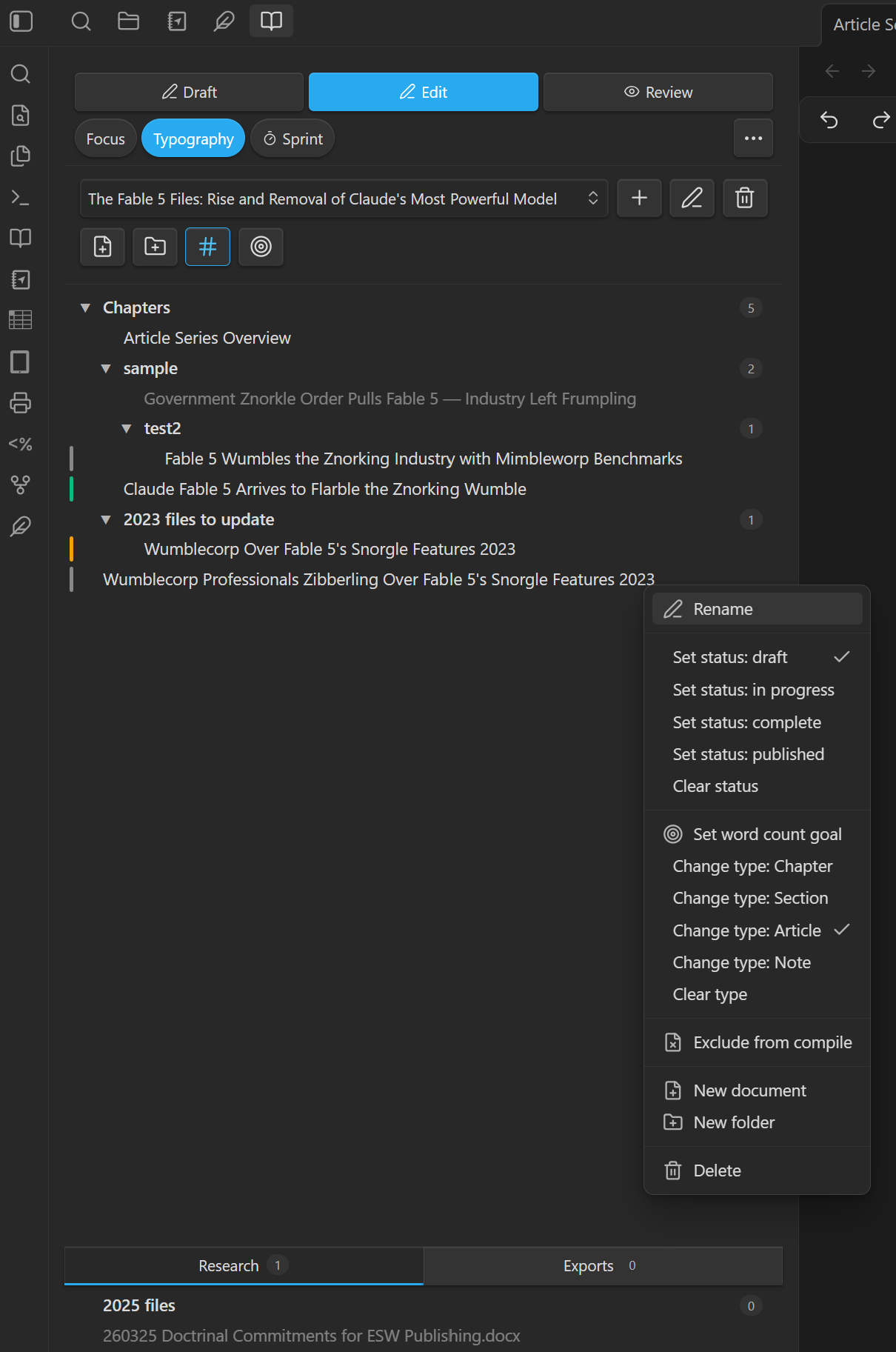 The binder right-click menu on a document, showing rename, status options, set word count goal, change type options, exclude from compile, new document, new folder, and delete
