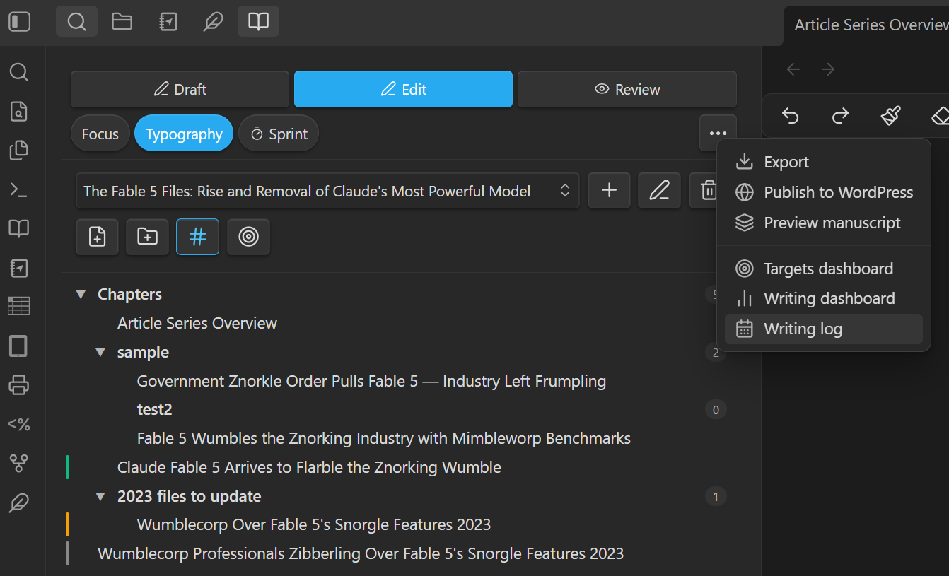 The binder overflow menu open, showing export, publish to WordPress, preview manuscript, targets dashboard, writing dashboard, and writing log