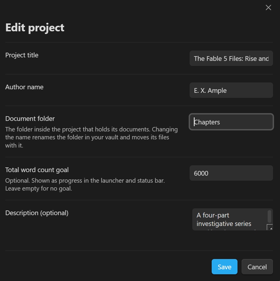 The Edit project modal with fields for project title, author name, document folder, total word count goal, and description, and a Save button