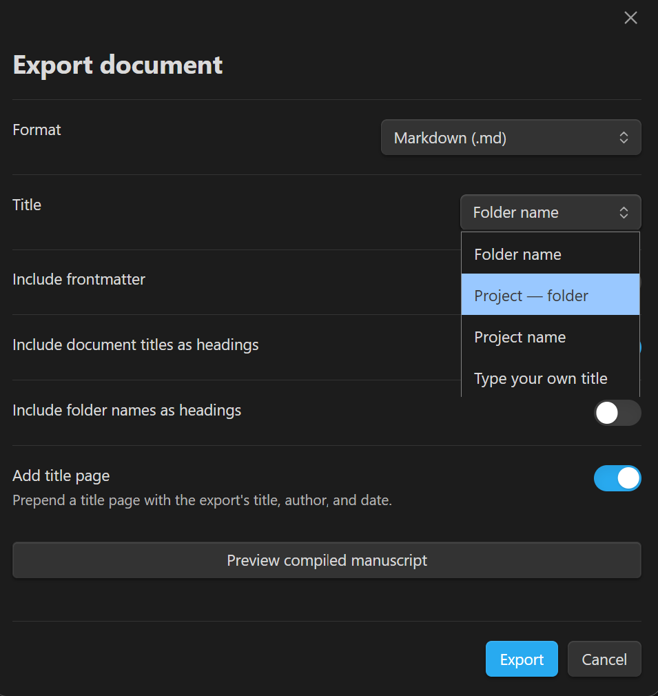 The export dialog with the Title dropdown open on a folder export, showing Folder name, Project — folder, Project name, and Type your own title