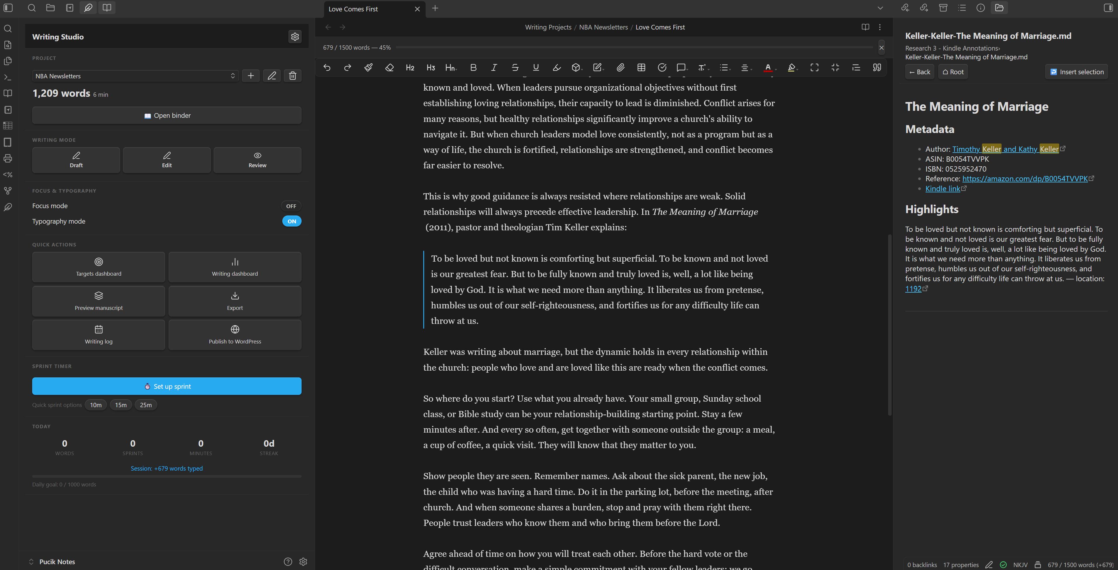 Writing Studio with the Launcher panel open on the left, an active draft with its word count goal banner in the center, and the Folder Sidebar Explorer previewing a research file on the right
