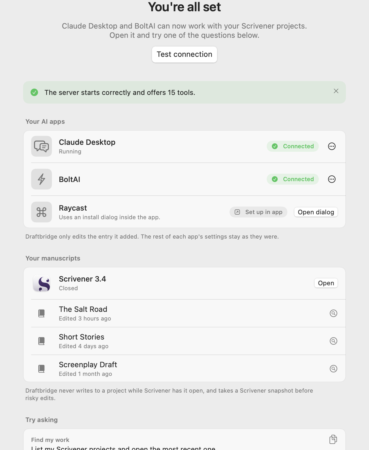 Draftbridge showing Claude Desktop and BoltAI connected, and the Scrivener projects it found