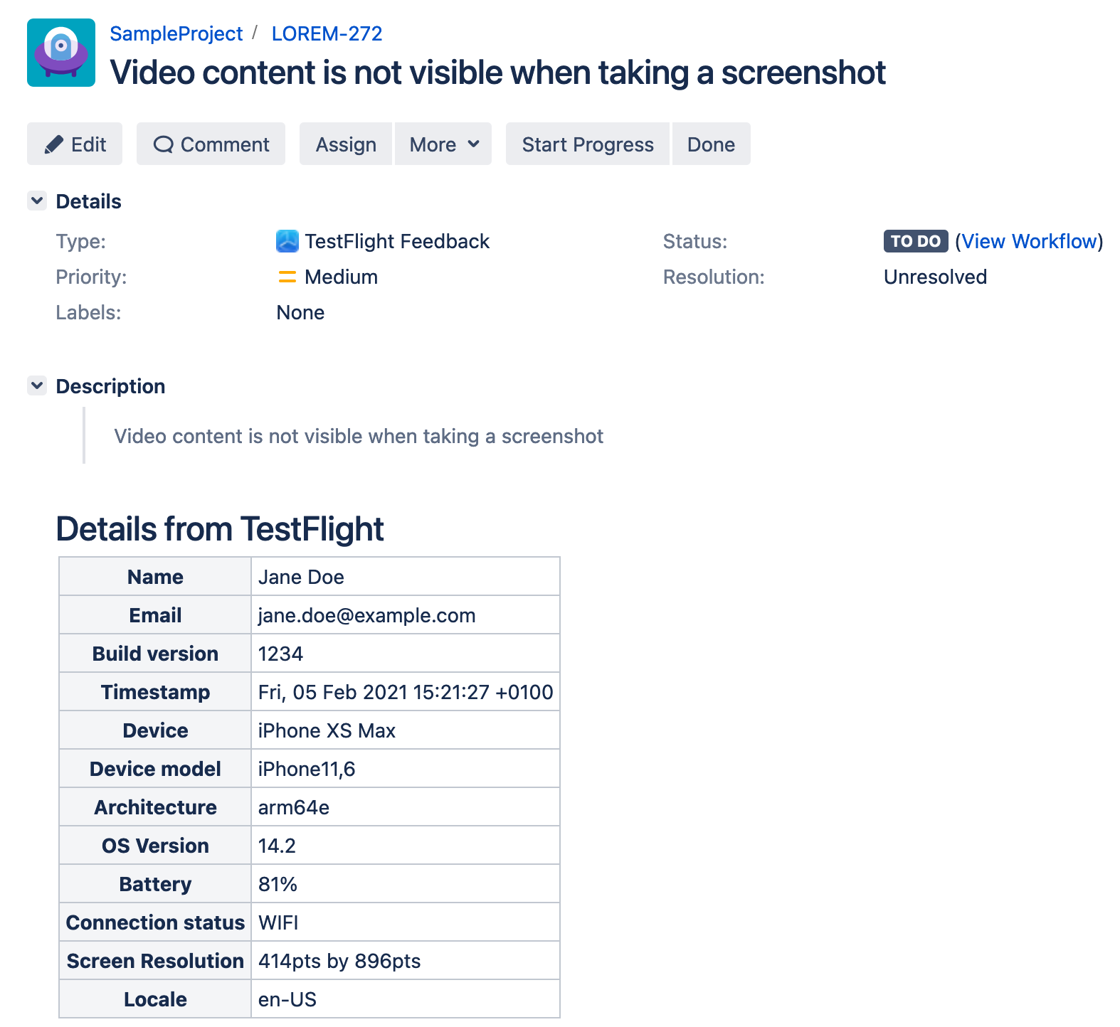 Screenshot of a Jira issue that was created from TestFlight feedback
