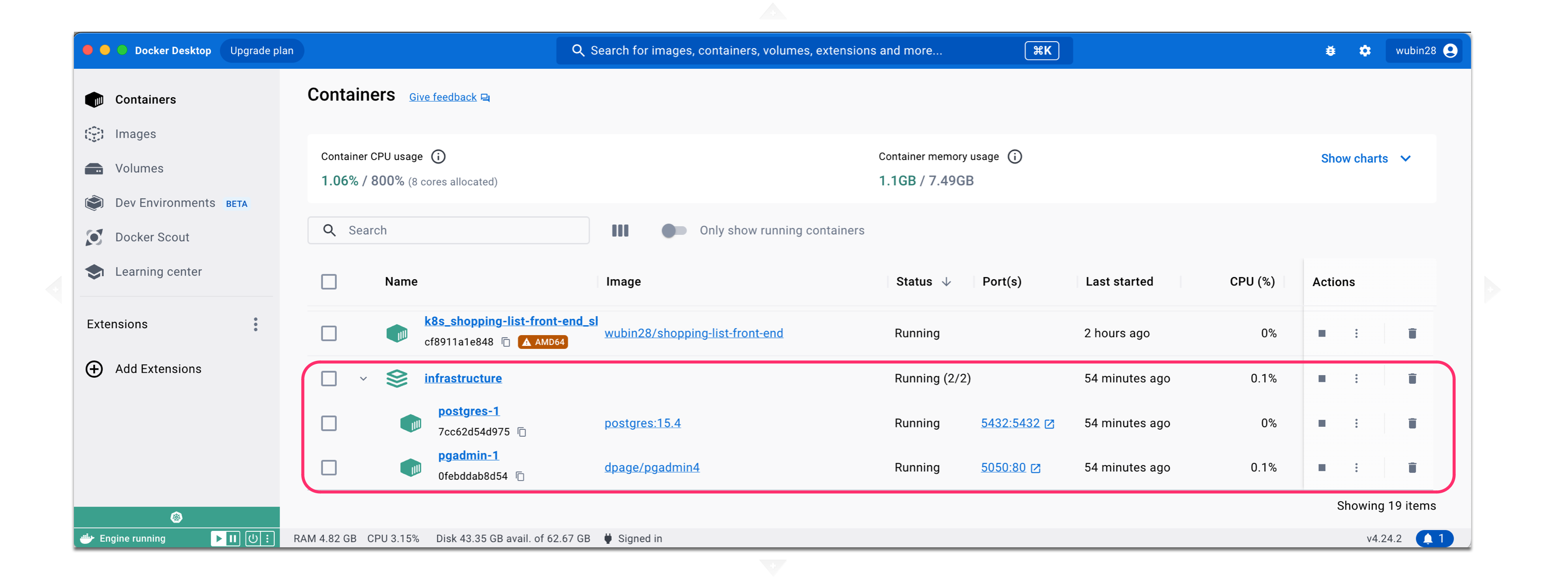 图5 在docker desktop的container界面里，能看到与数据库相关的两个容器