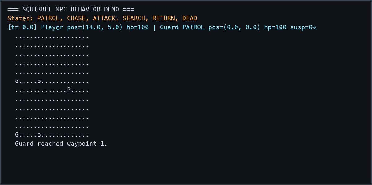 Animated terminal showing the NPC guard finite-state machine demo
