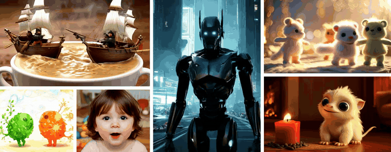 Selected AGF video excerpts: pirate ships, a robot, felt creatures, a creature by candlelight, a watercolor dance, and a yawning child.