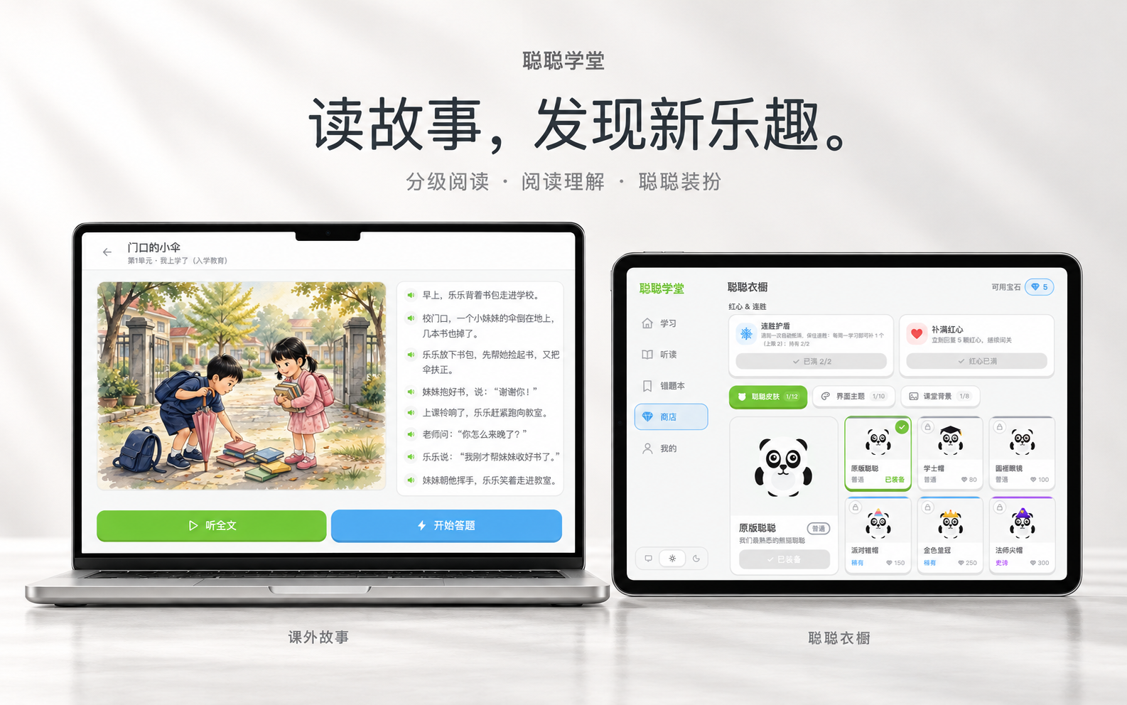 笔记本和平板展示故事阅读、阅读理解与聪聪衣橱