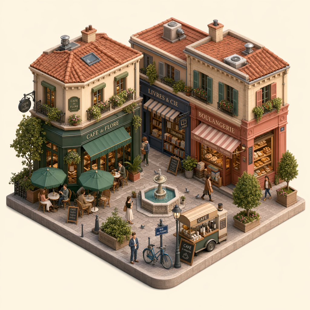 Original isometric cafe district used as the edit reference
