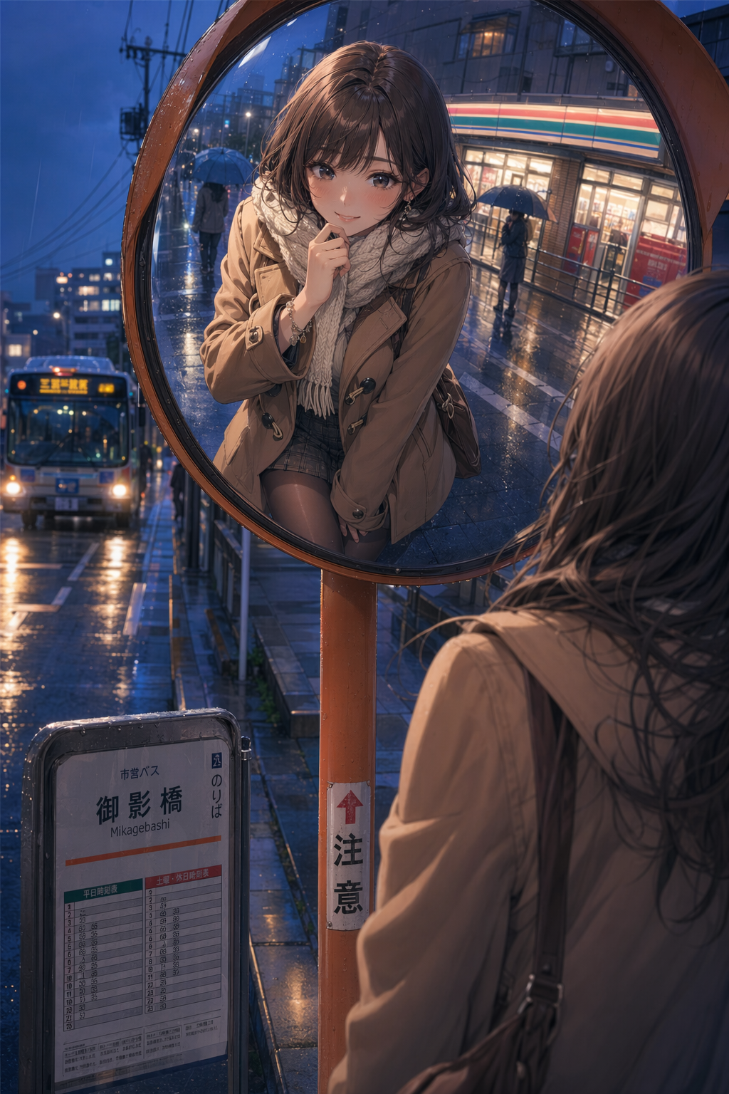 anime rainy bus stop mirror