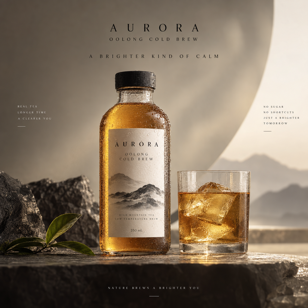 Sunburst Aurora Oolong Cold Brew bottle and tea glass commercial scene
