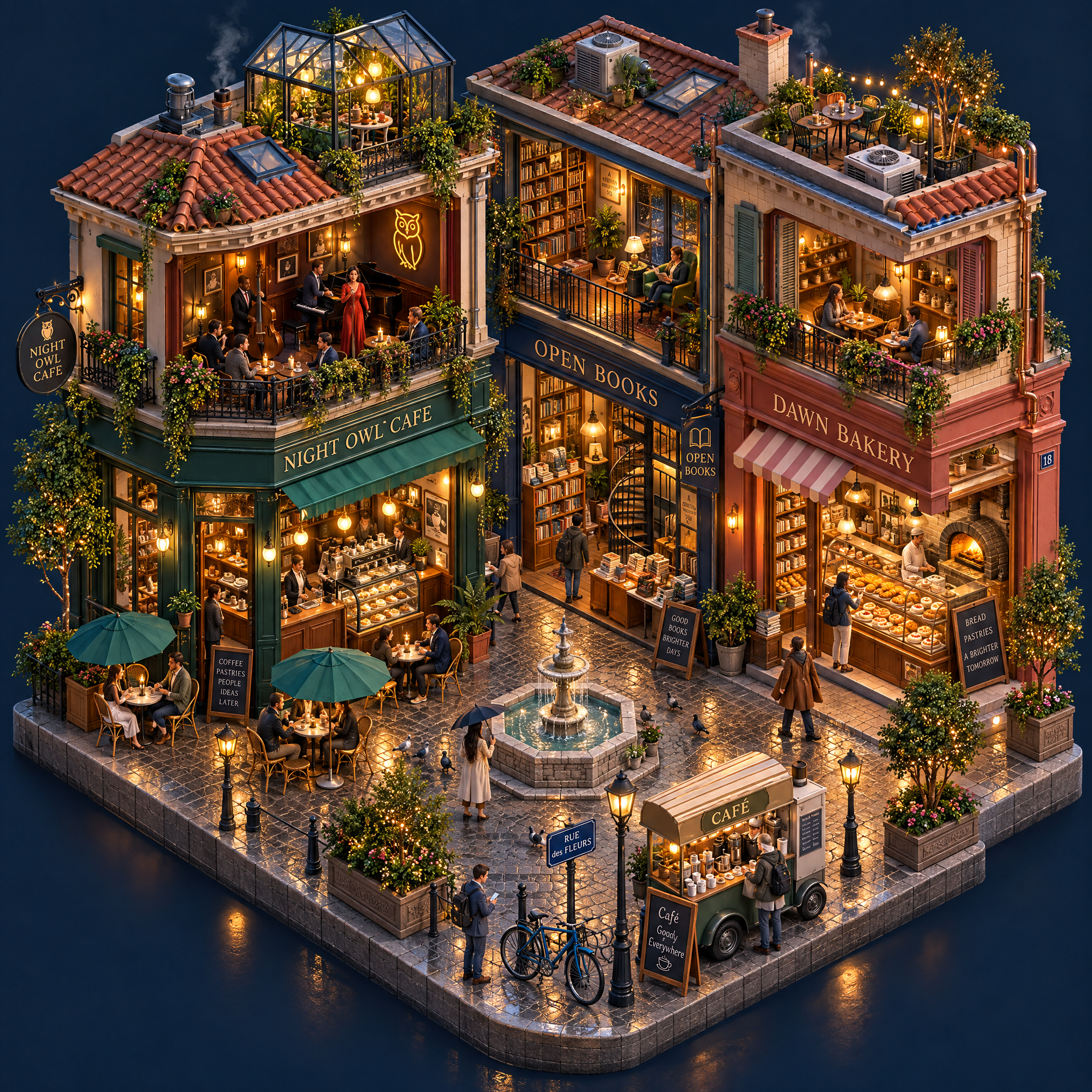 Sunburst isometric cafe district with illuminated cutaway interiors