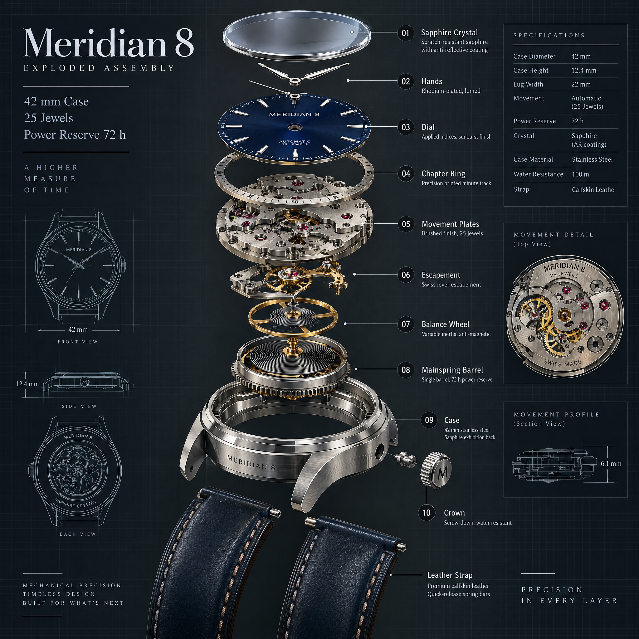 Sunburst exploded mechanical watch with numbered component callouts