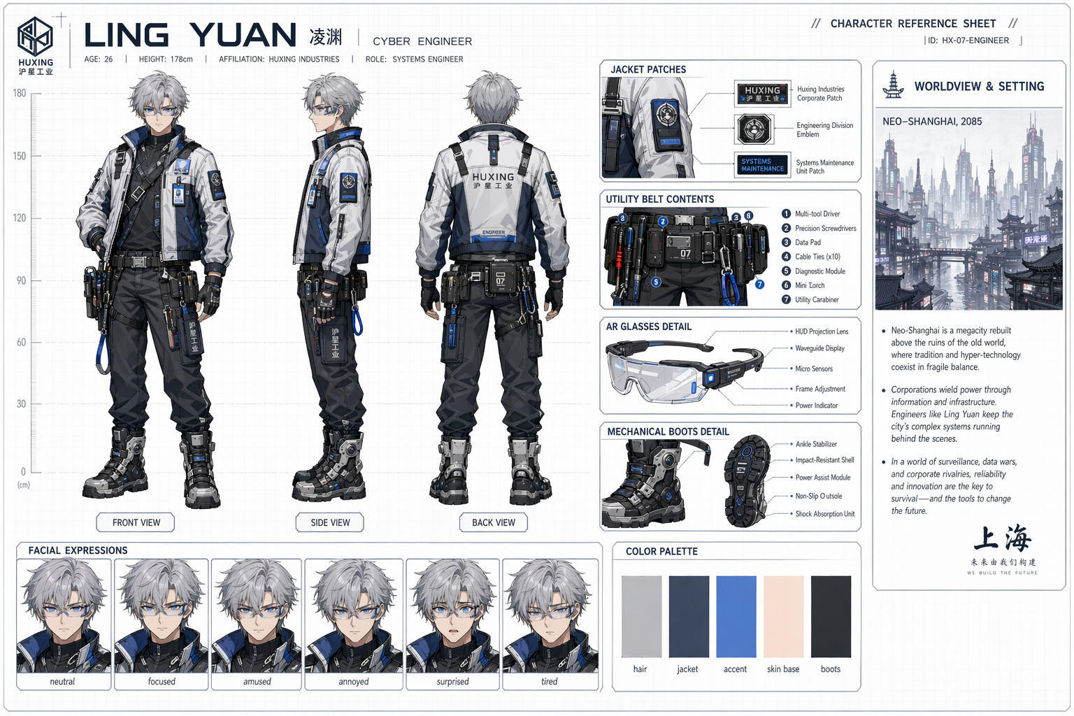 Cyberpunk engineer character reference sheet