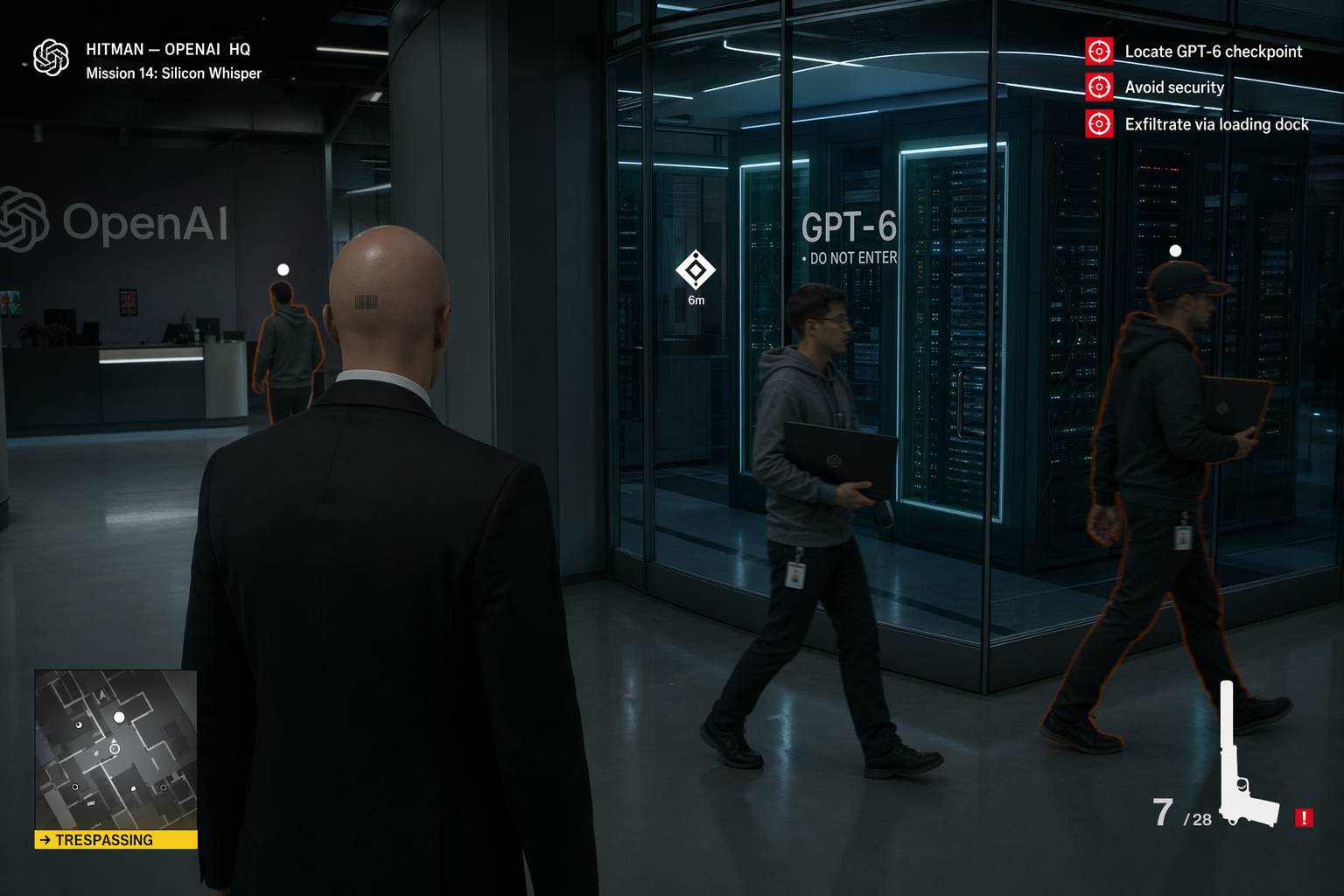 Hitman-style gameplay at OpenAI HQ