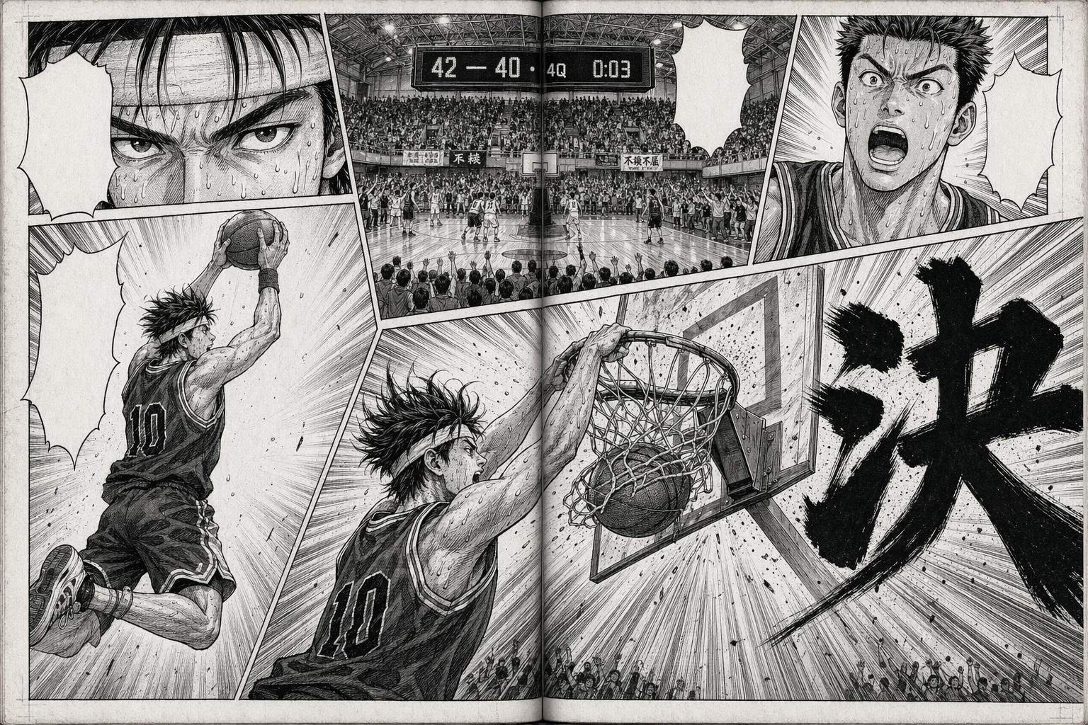 Shōnen manga two-page spread — basketball slam dunk
