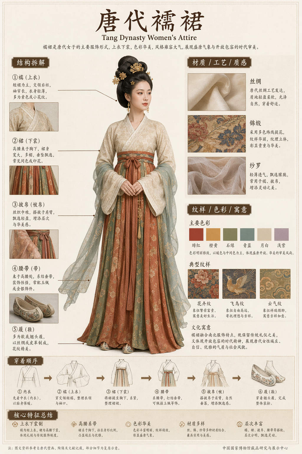 Museum-catalog infographic (唐代襦裙)