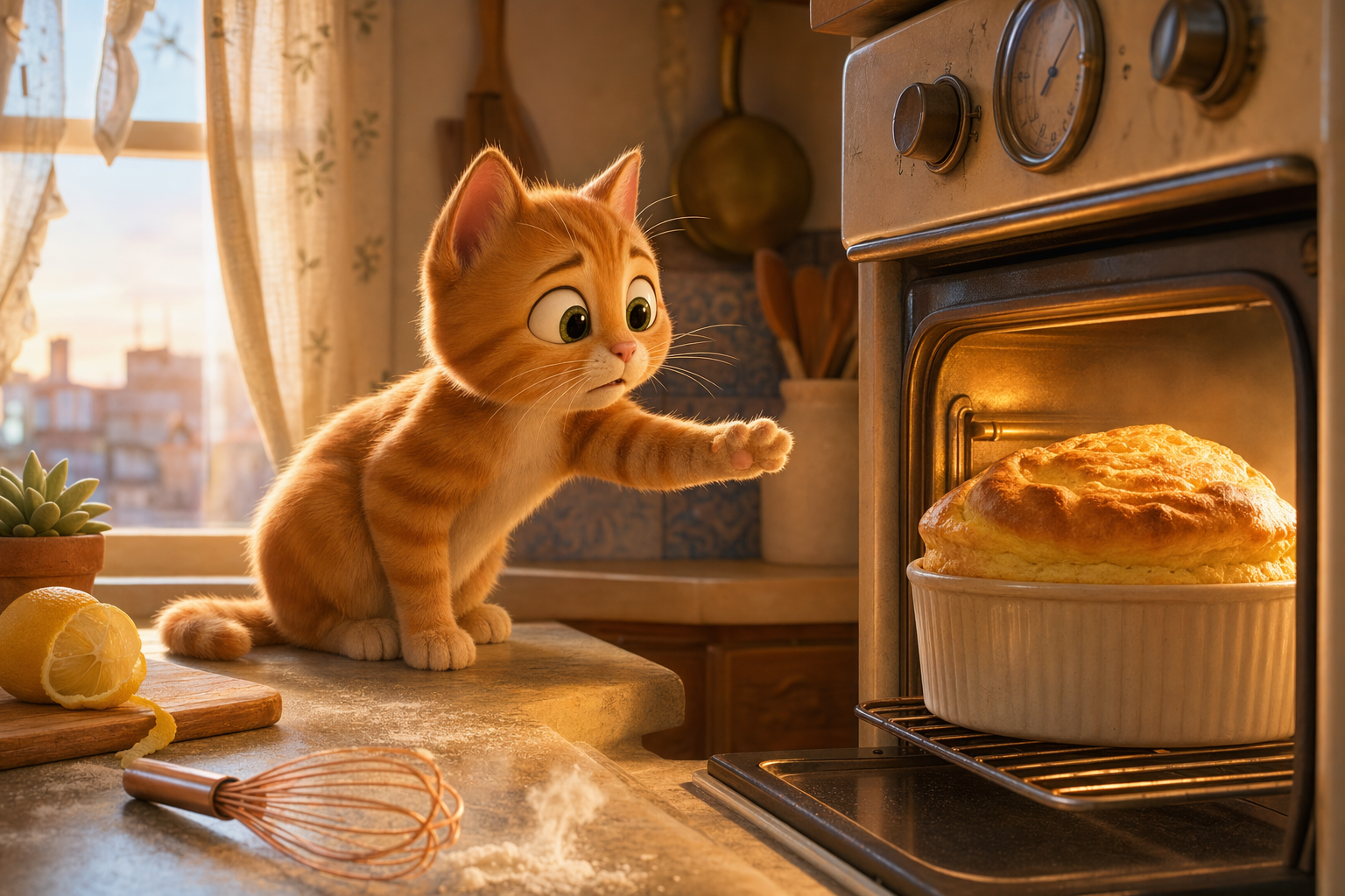 Pixar-style kitten in kitchen