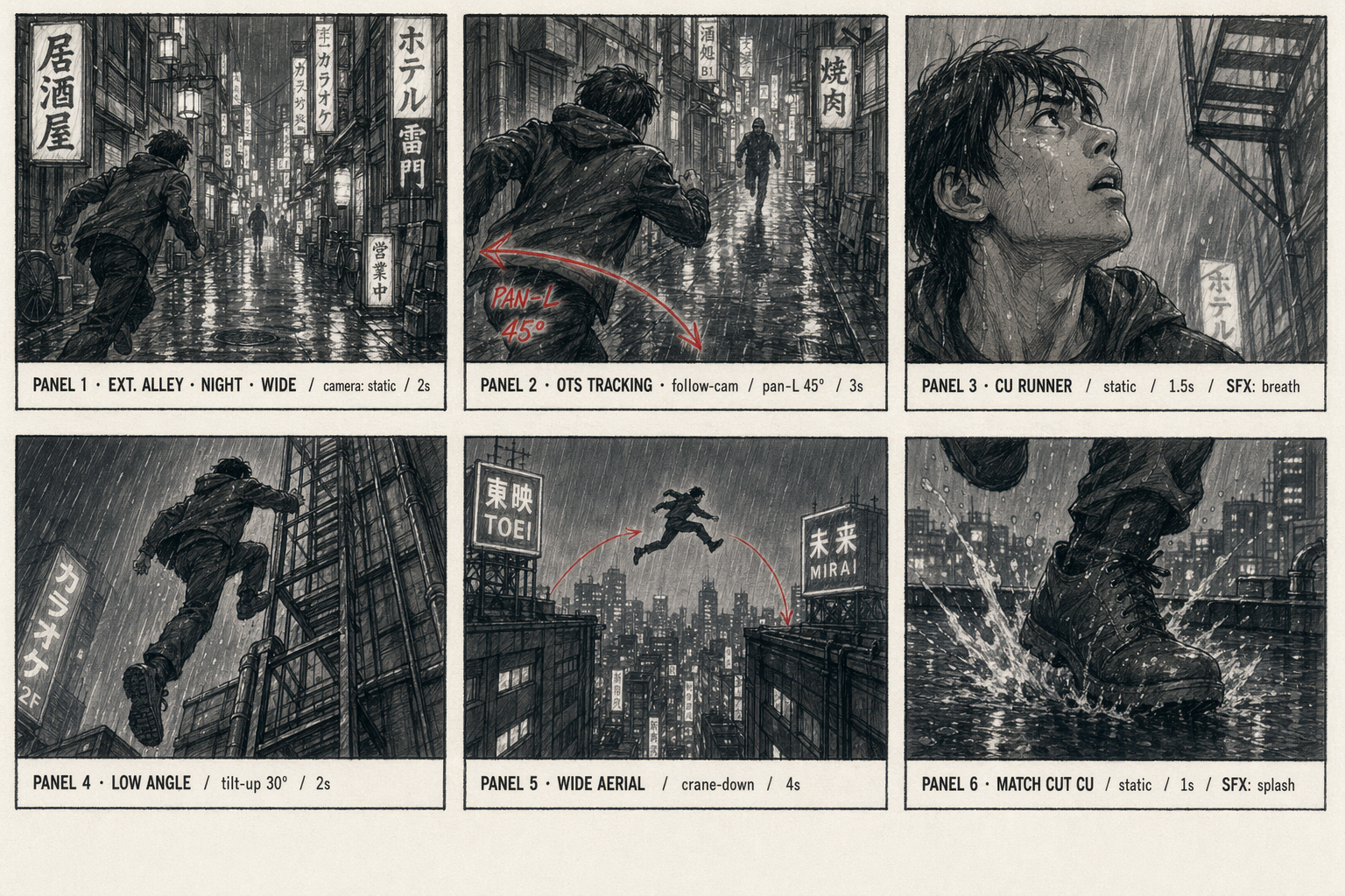 6-panel film storyboard