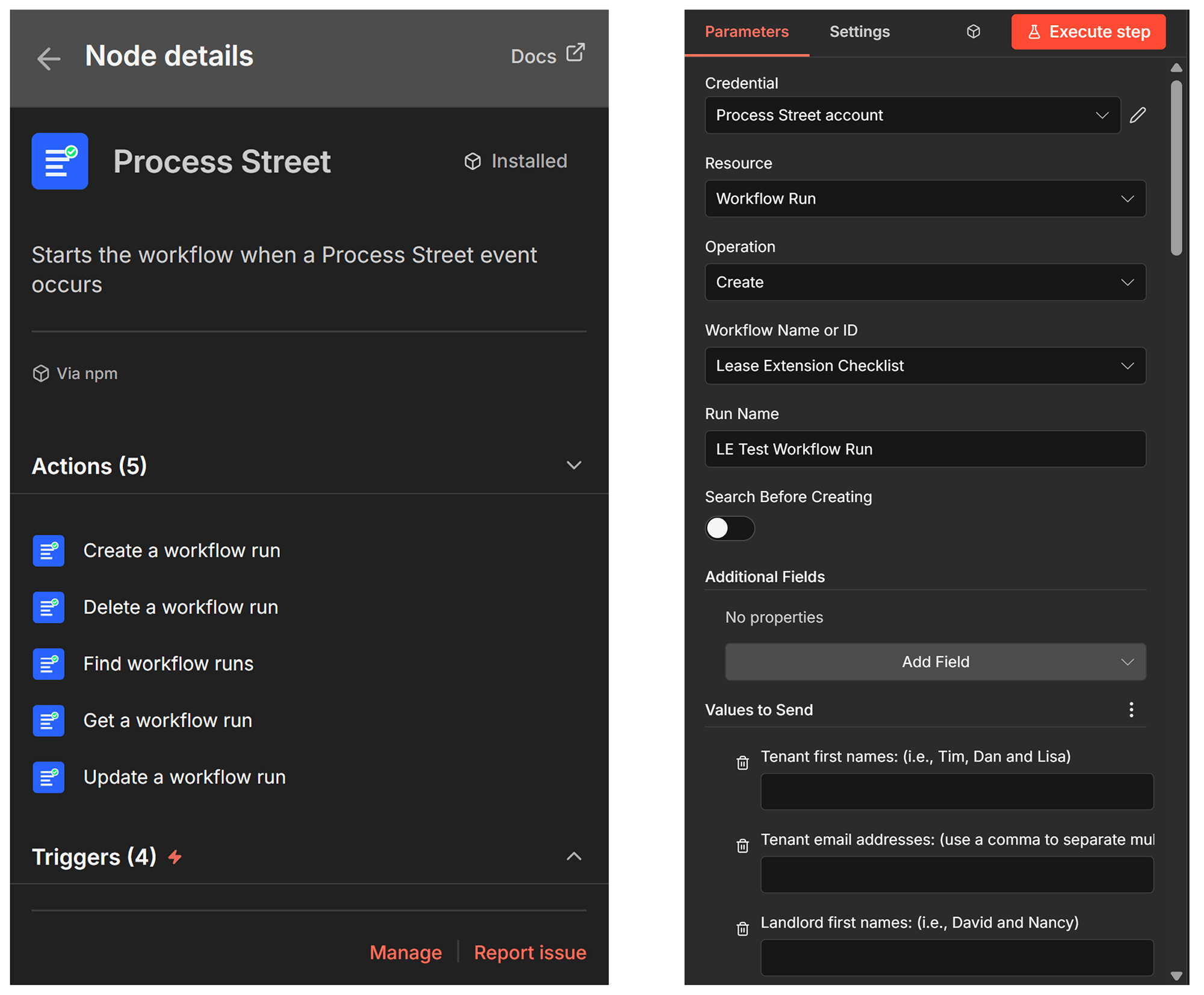 Process Street action node — actions list and Create Workflow Run parameters