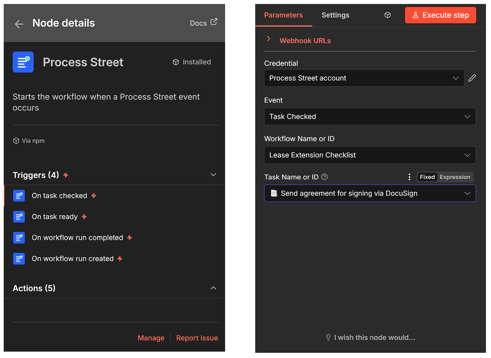 Process Street trigger node — triggers list and On Task Checked parameters