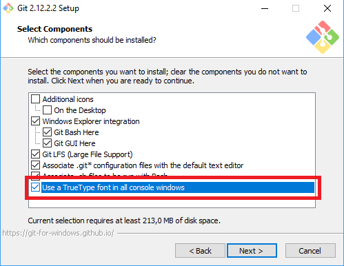 Tela de seleção de componentes do instalador do Git For Windows.