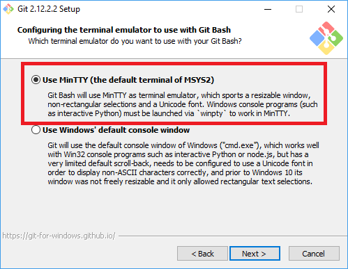 Tela de seleção do emulador de terminal do instalador do Git For Windows.